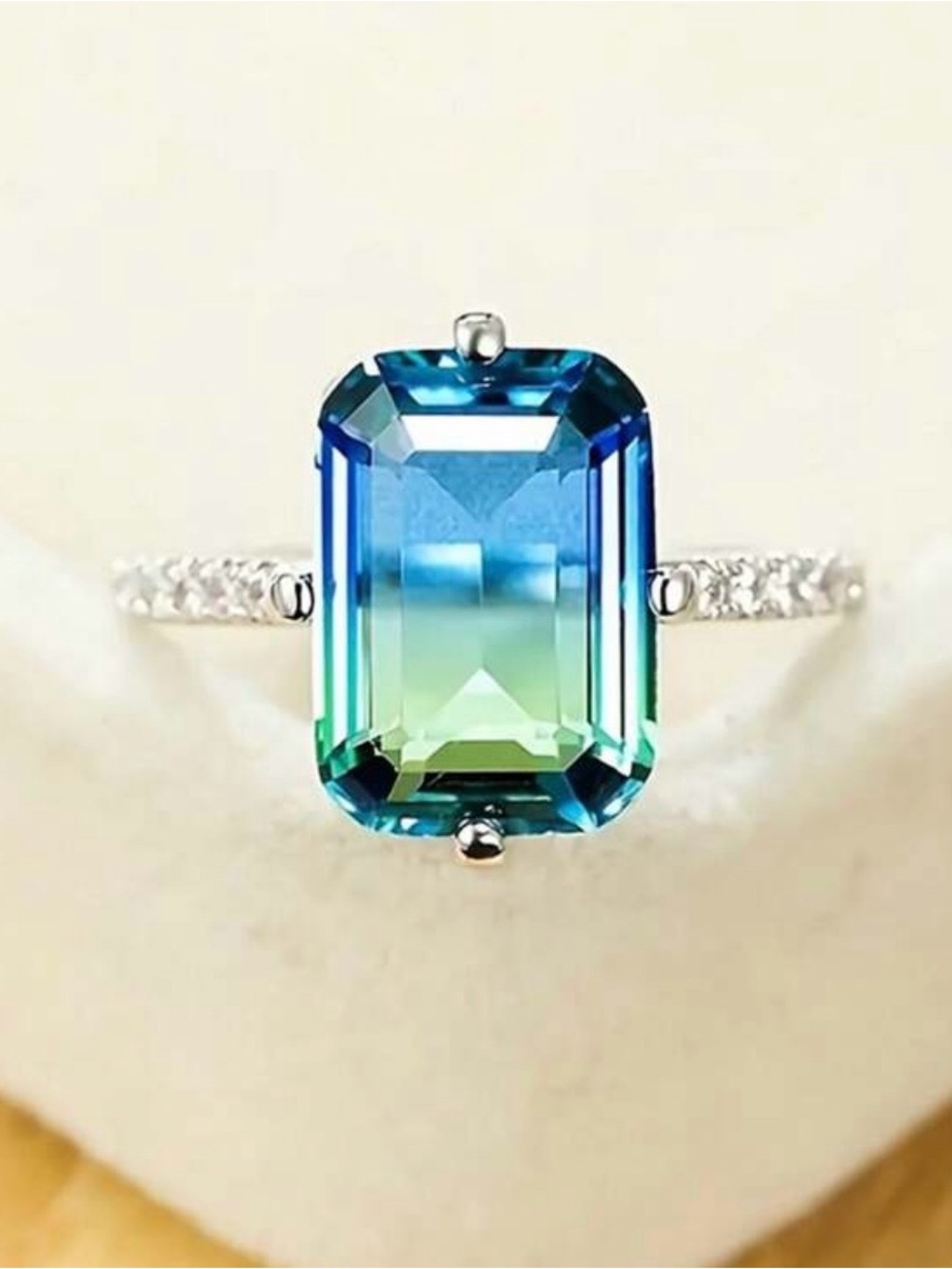 Blue-Green Emerald Cut Crystal Ring - Women Jewelry